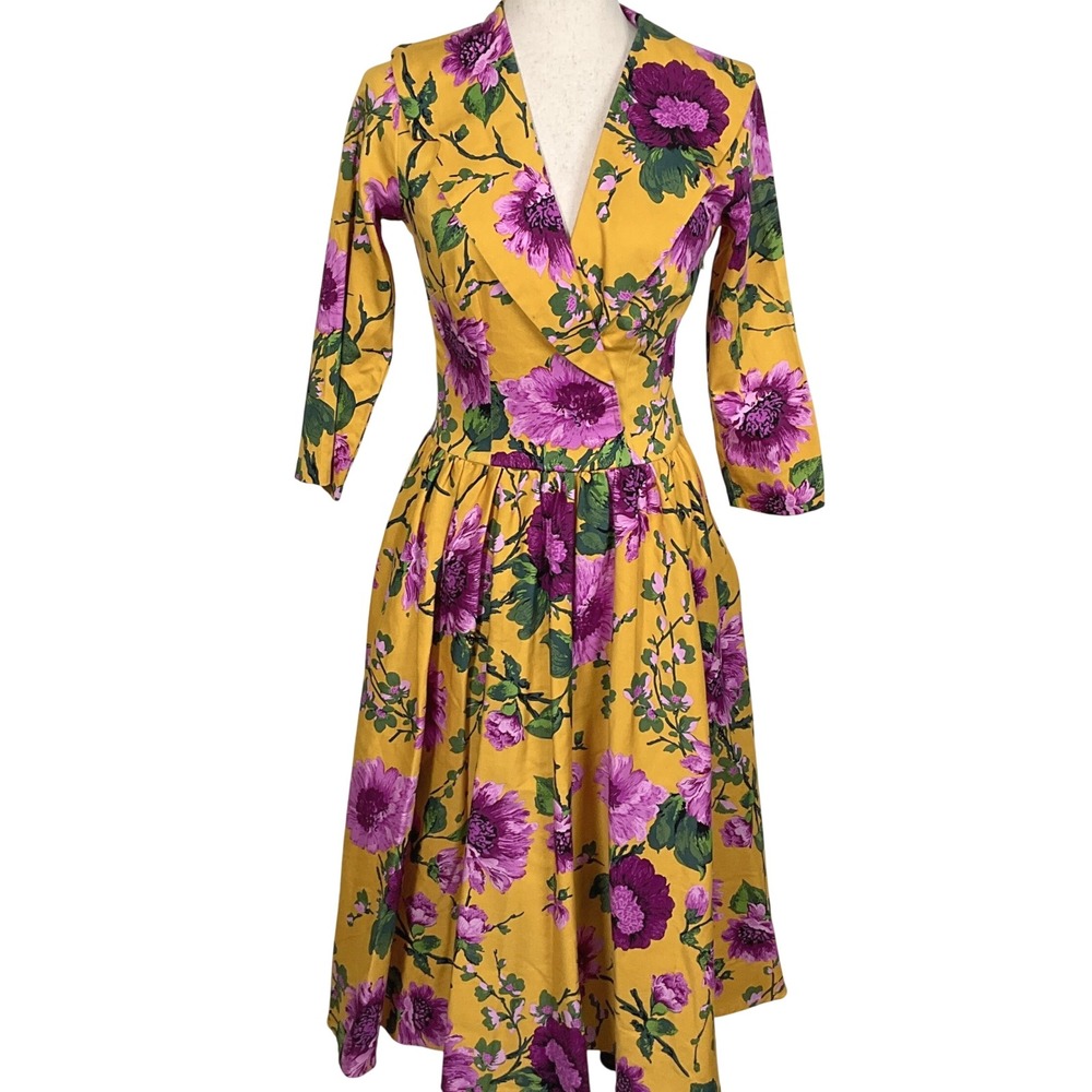 Pinup Couture Mustard Yellow Midi Dress with Purple Floral Print
